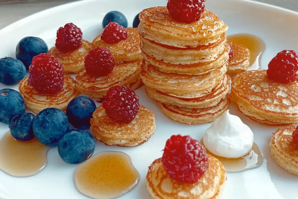 Freshly made mini pancakes stack on a plate.