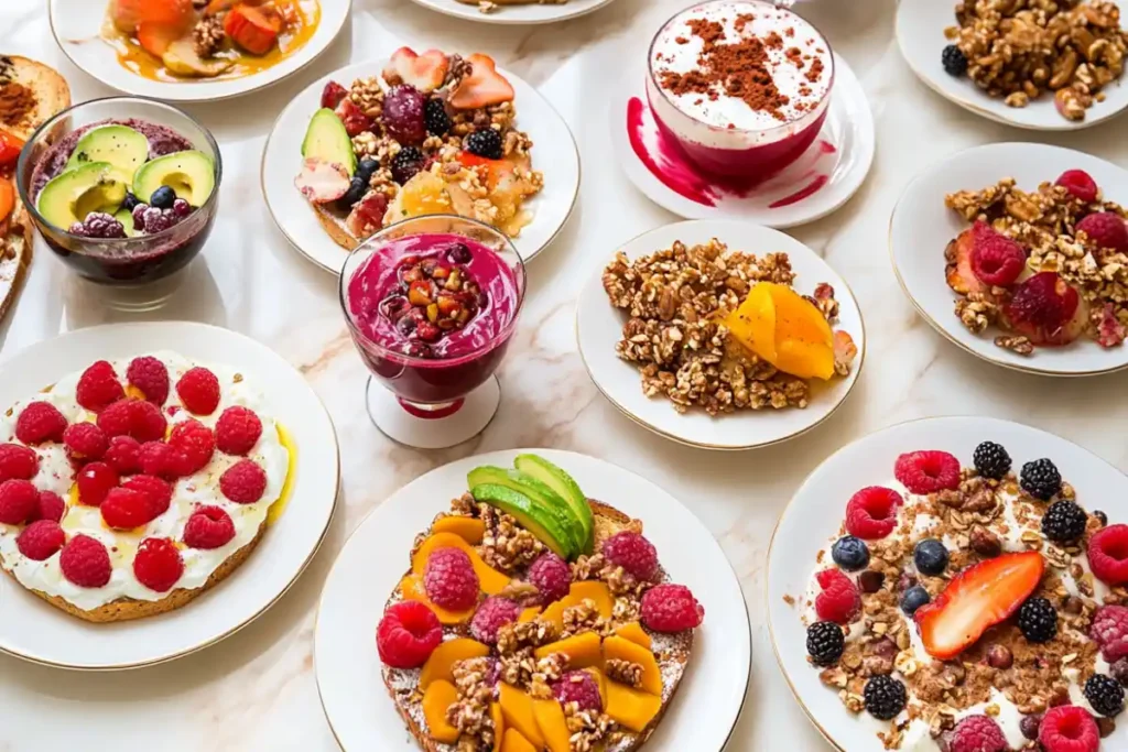 Diverse breakfast recommendations on a bright table.