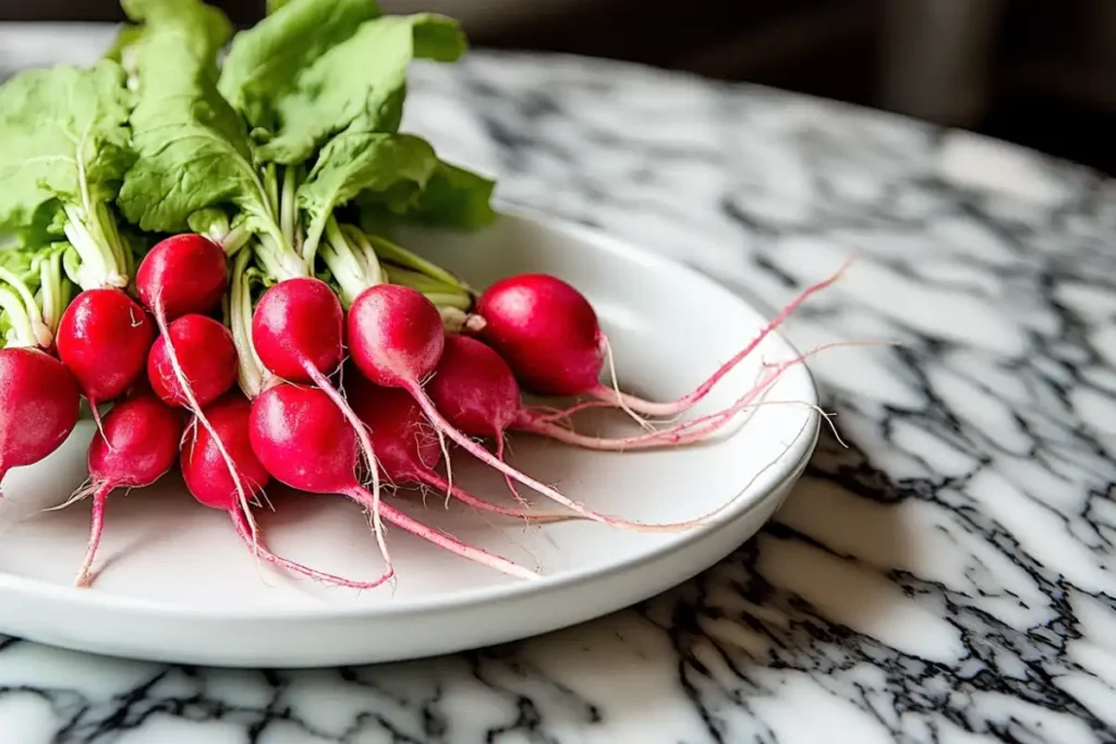 Fresh radish on a wooden table.