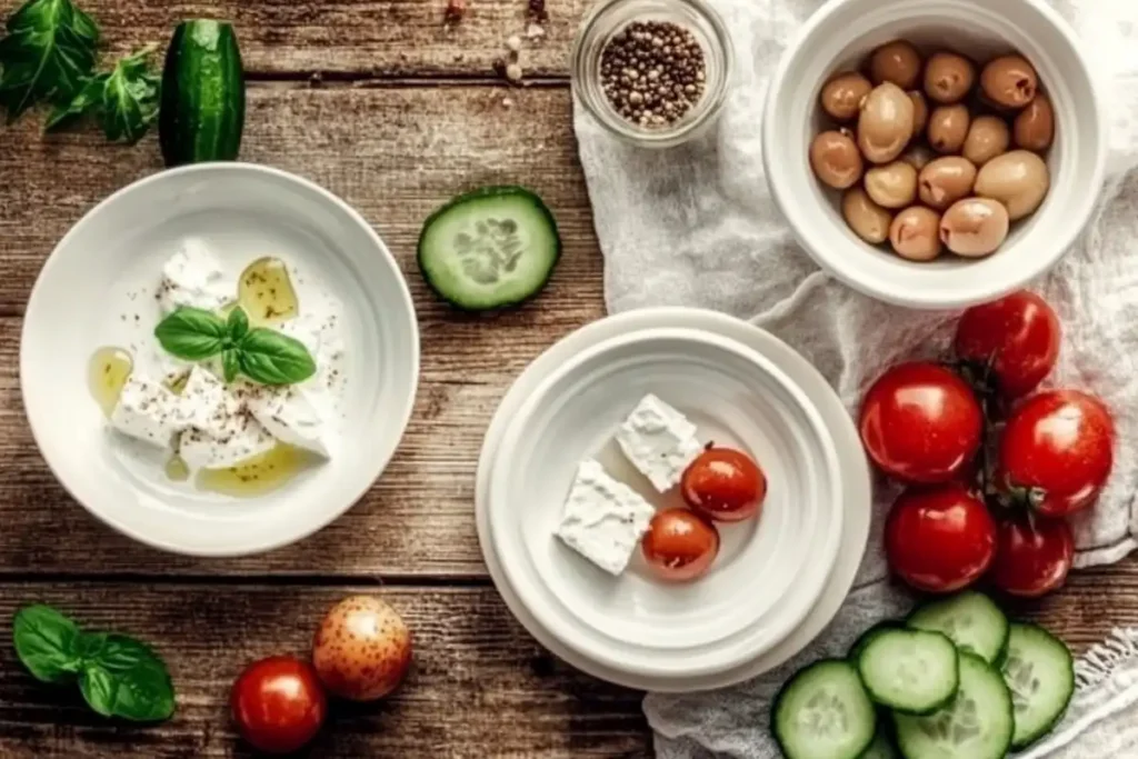 Crumbled feta cheese on a white plate, ready to use.