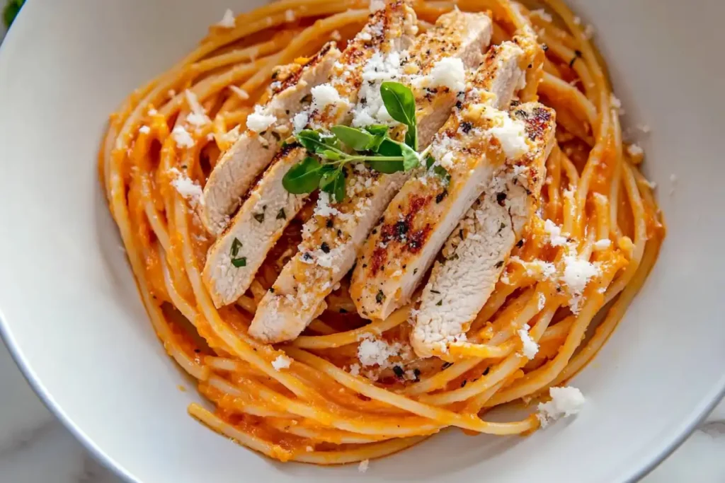 A close up of marry me chicken pasta, showing its texture.