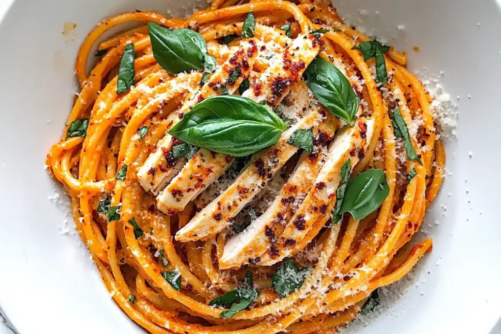 A delicious plate of marry me chicken pasta is displayed.