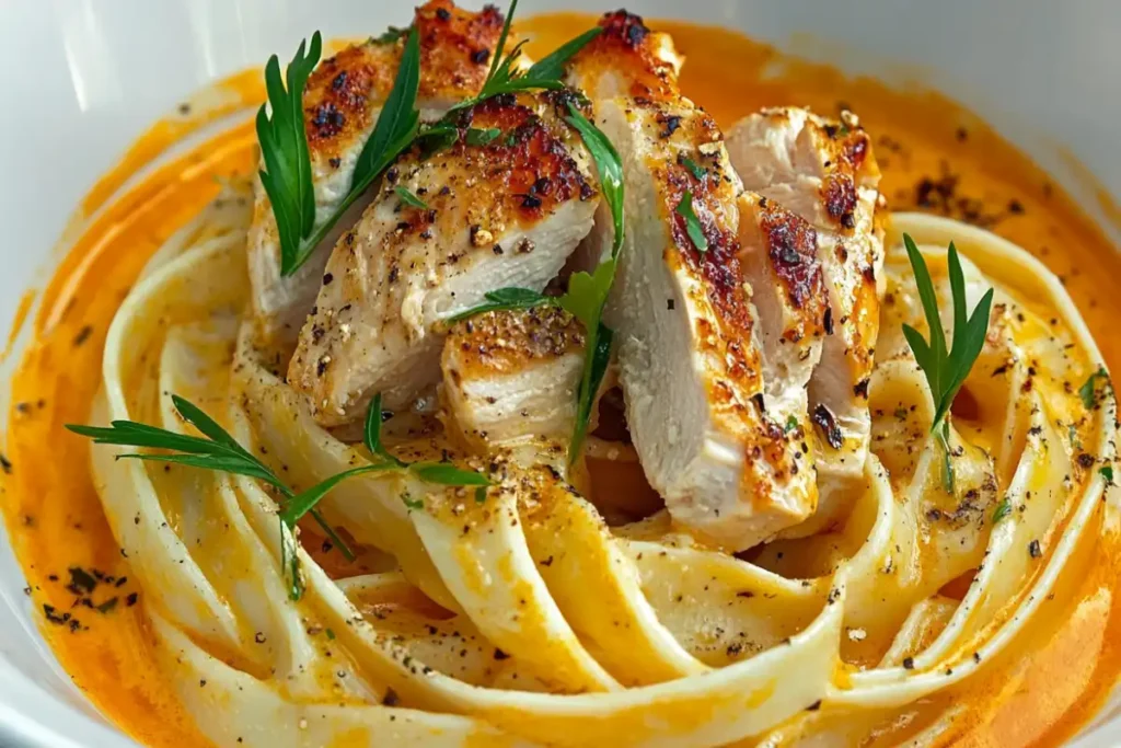 A plate of delicious chicken and pasta is shown.