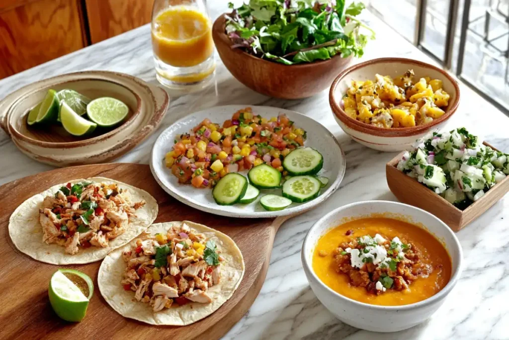 Leftover Rotisserie Chicken Recipes displayed on a wooden table with various ingredients