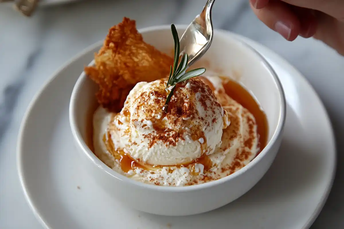 Fried chicken ice cream in a bowl.