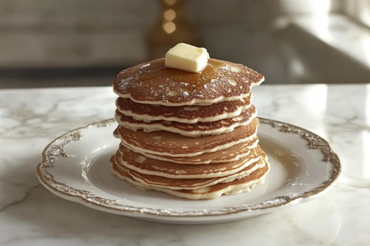 Stack of delicious small pancakes on a plate.