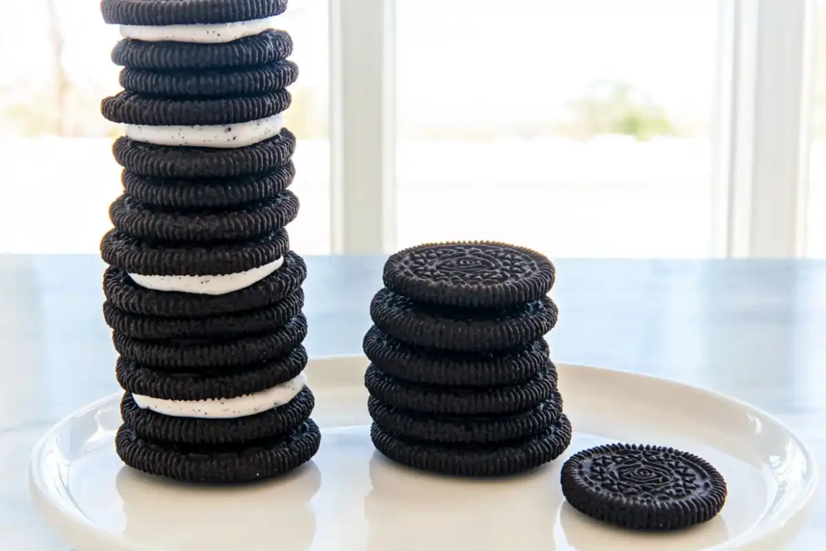 A stack of America's best selling cookie, Oreos, on a white plate