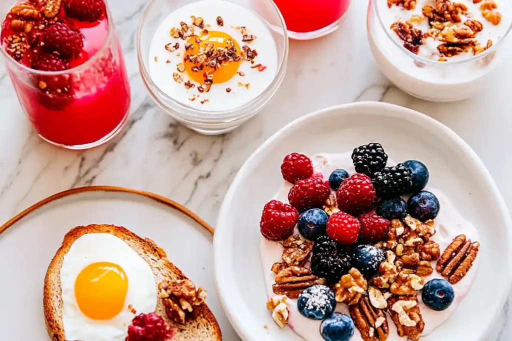 Naturally high protein breakfast options displayed on a table