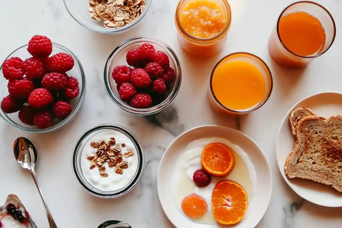 Why breakfast is important shown with a vibrant spread of food.