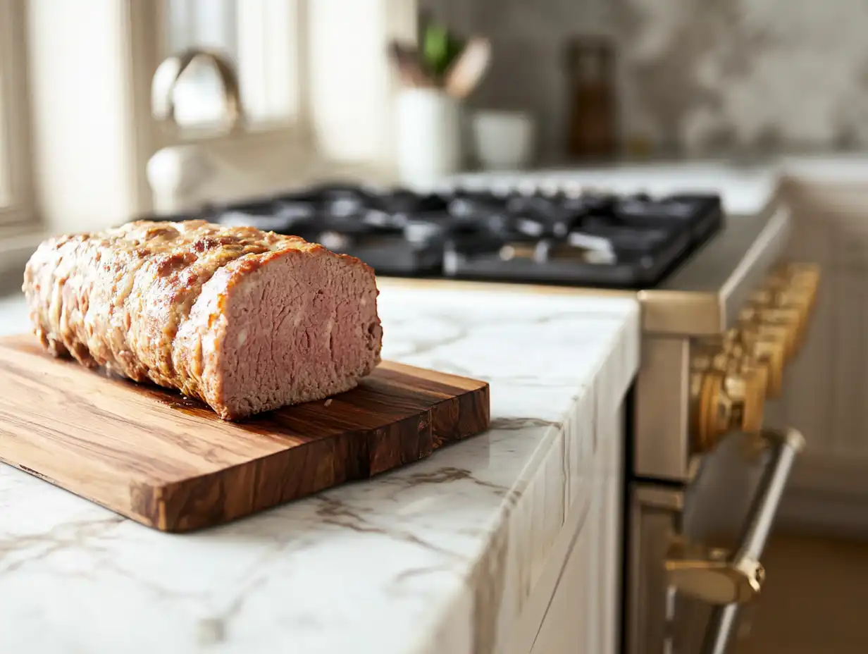 Naturally smoked meatloaf on a wooden board.