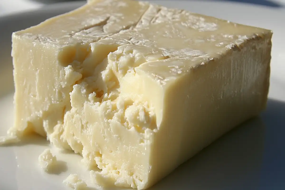 Gruyere cheese displayed on a wooden surface.