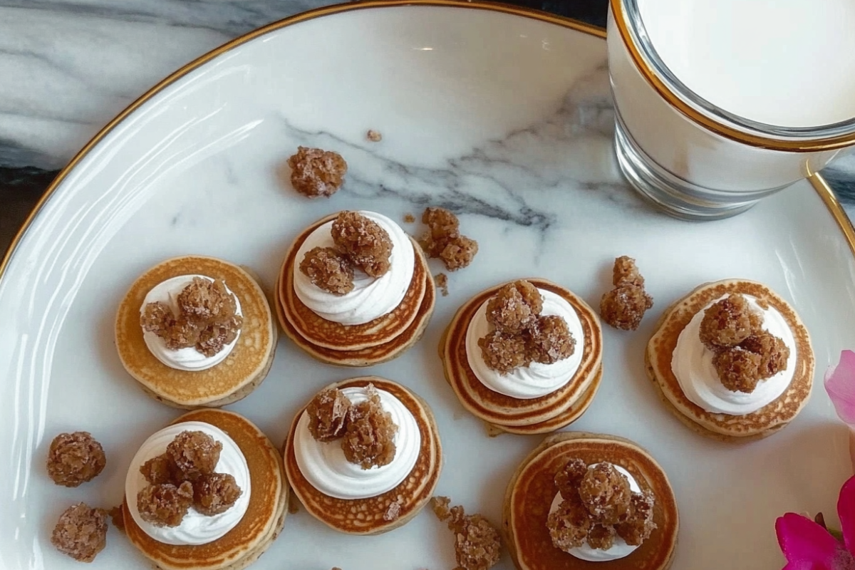 A stack of mini pancakes on a plate, showing how many calories are in 8 mini pancakes.