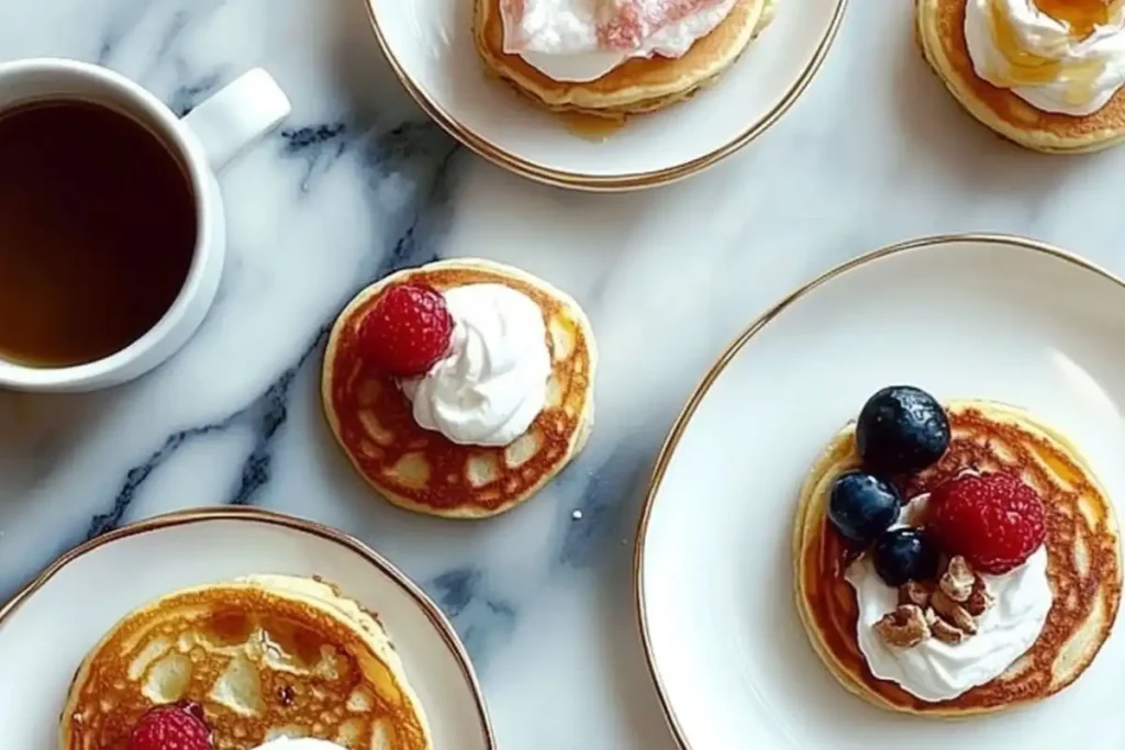 A stack of Eggos mini pancakes with syrup and butter showing how many calories are in Eggos mini pancakes.