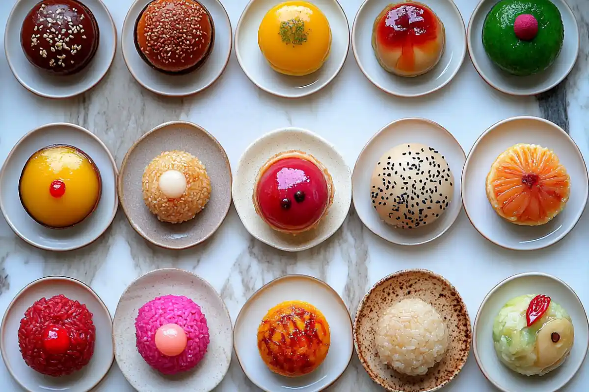 A colorful selection of Asian desserts is displayed on a table.