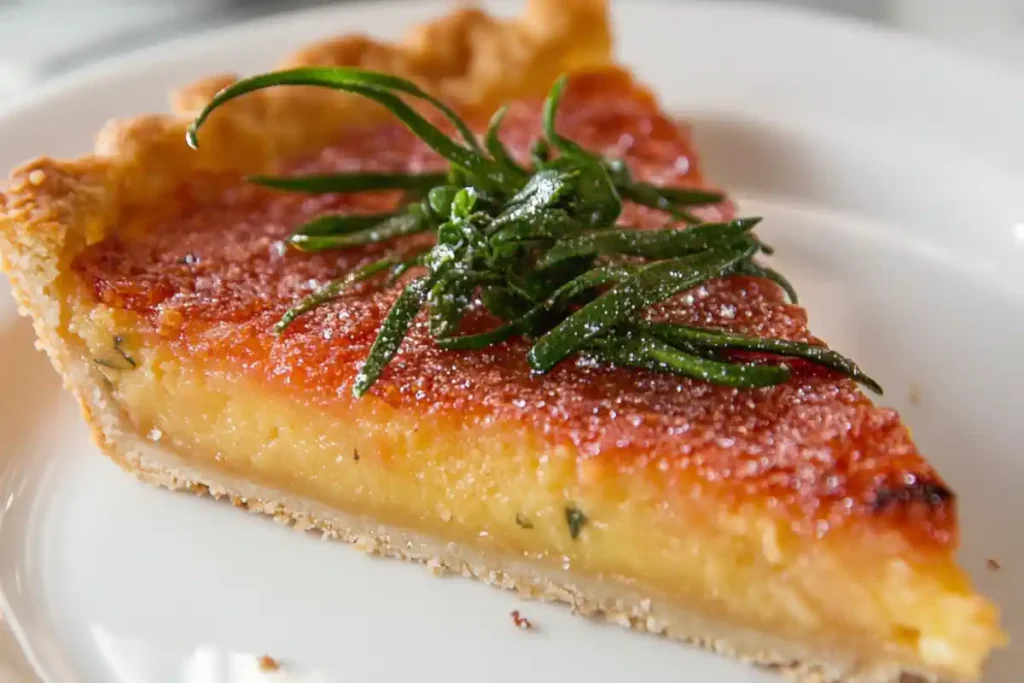 Golden potato pie slice with garnish