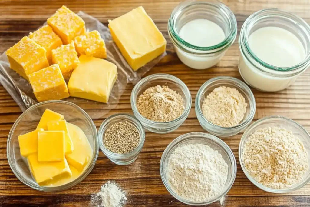 Cheese and ingredients for mac and cheese