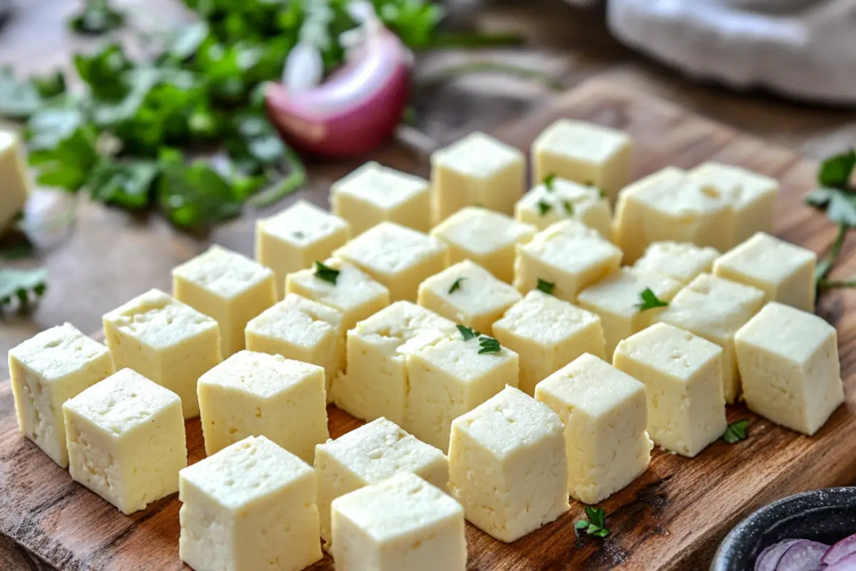 Tofu blocks on wooden board