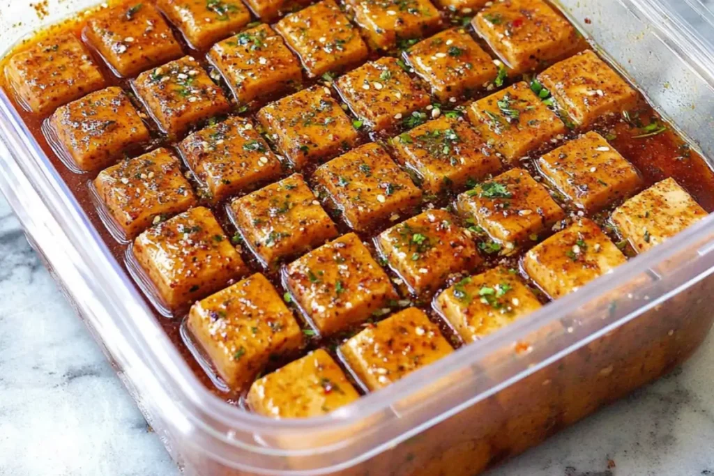 Marinating tofu in a glass dish