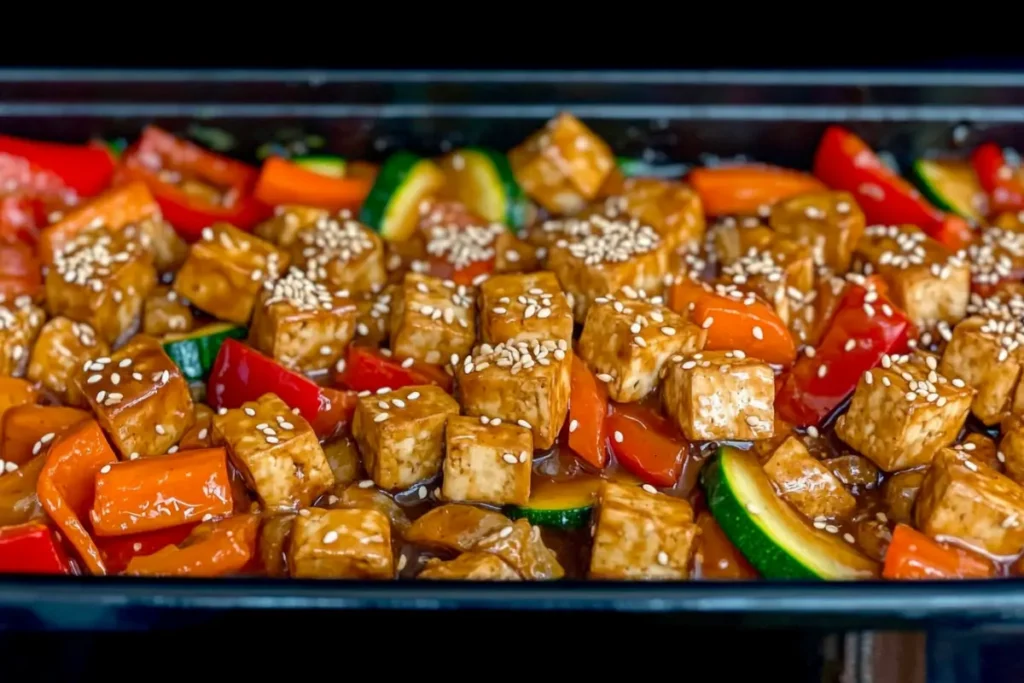 Tofu stir-fry in a pan