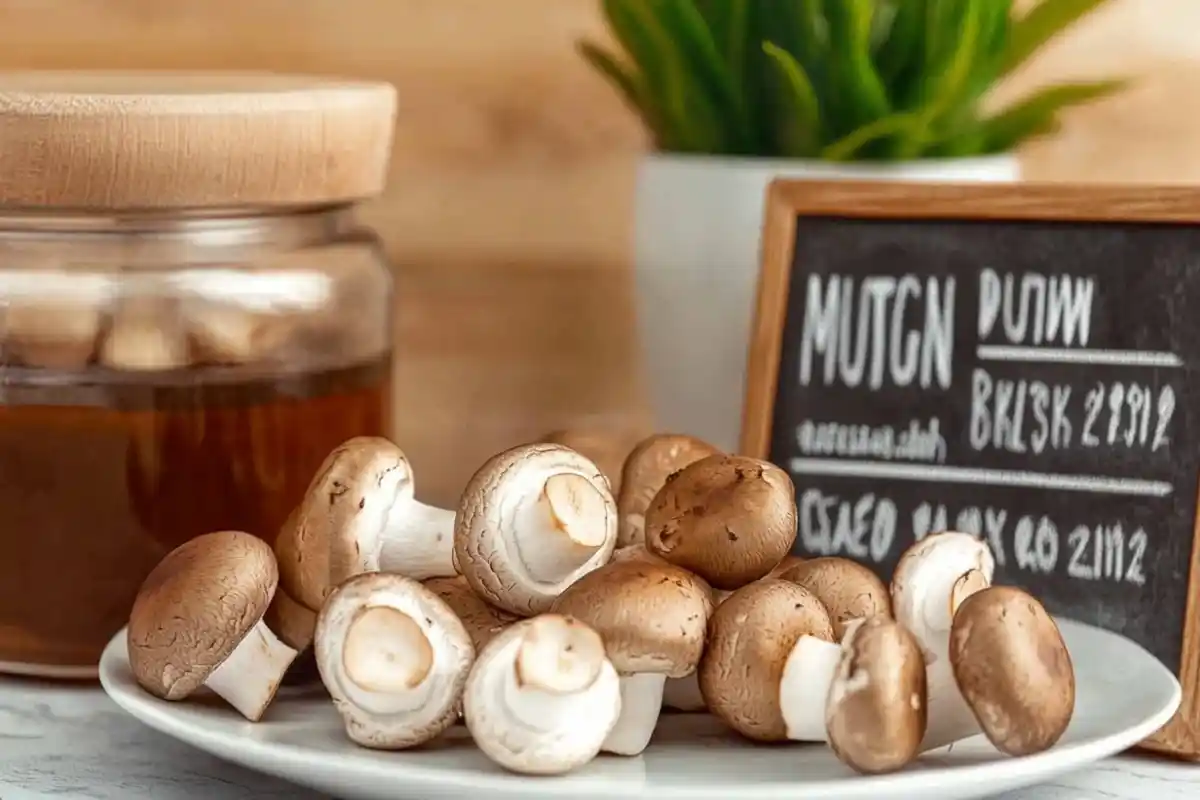 Button mushrooms on a wooden table