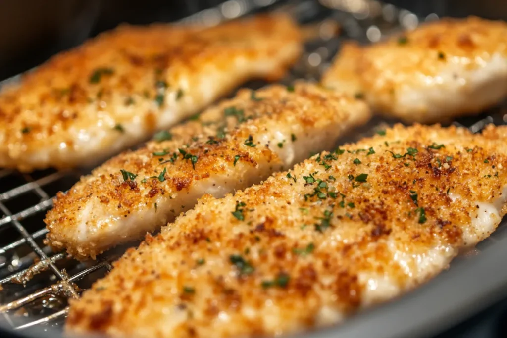 Fish fillets inside an air fryer basket, cooking to golden perfection