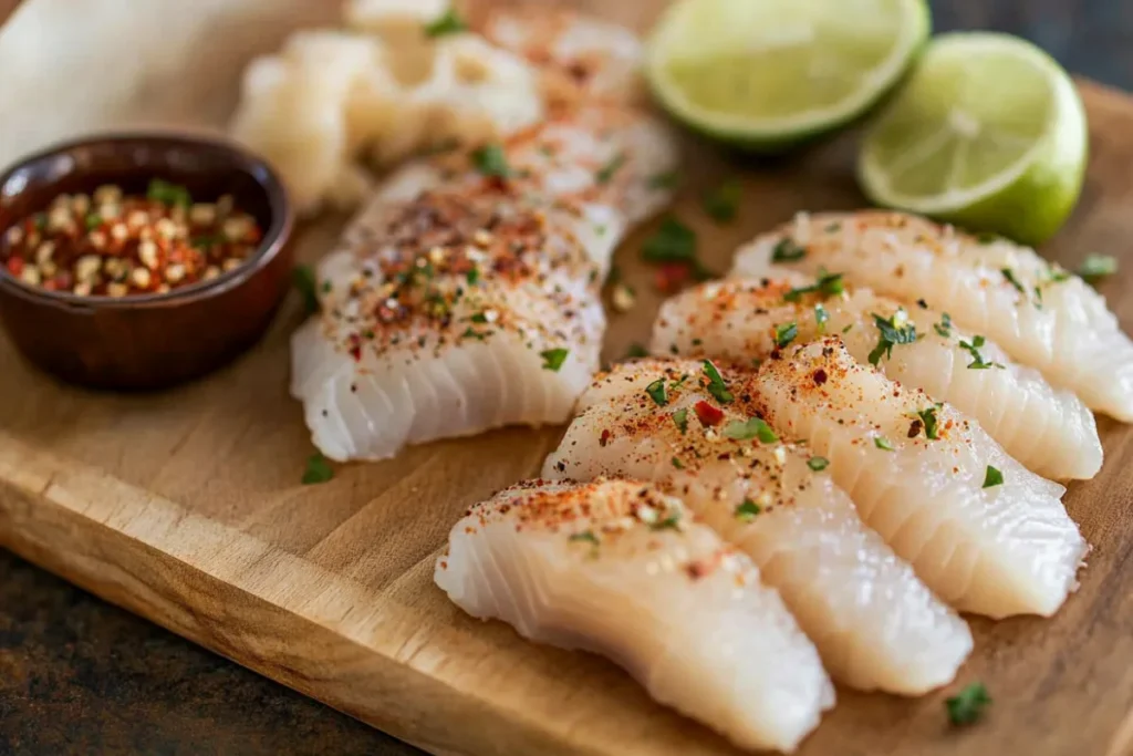 Fresh raw cod, tilapia, and mahi-mahi fillets for fish tacos