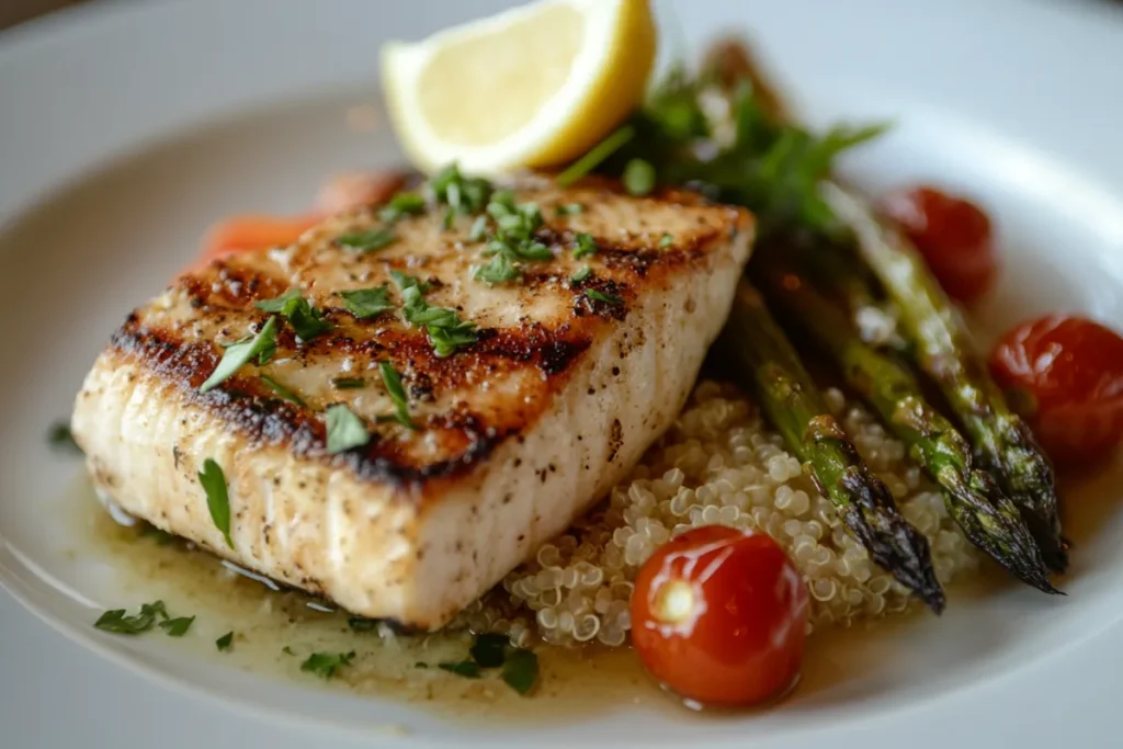 Plated swordfish steak with roasted asparagus and quinoa