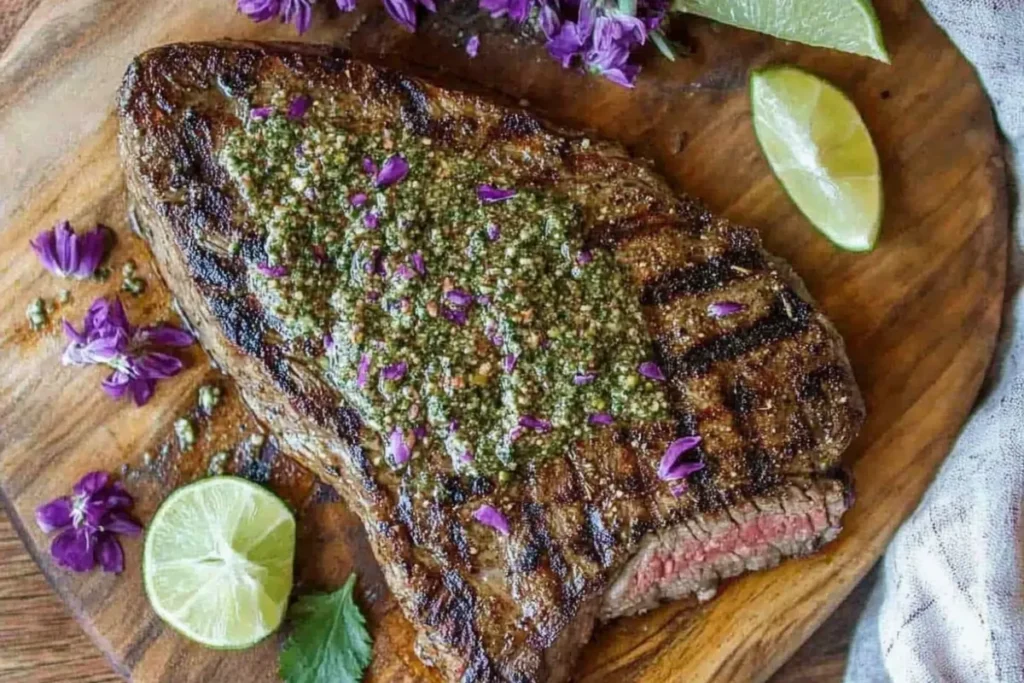 Chimichurri drizzled on grilled steak