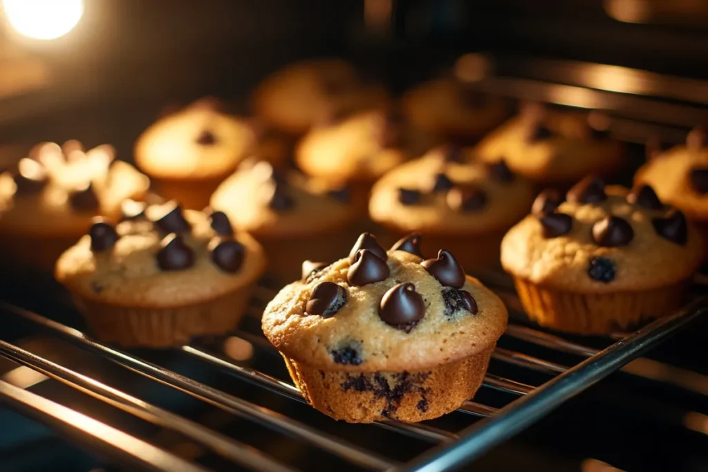 Chocolate chip muffins rising in the oven