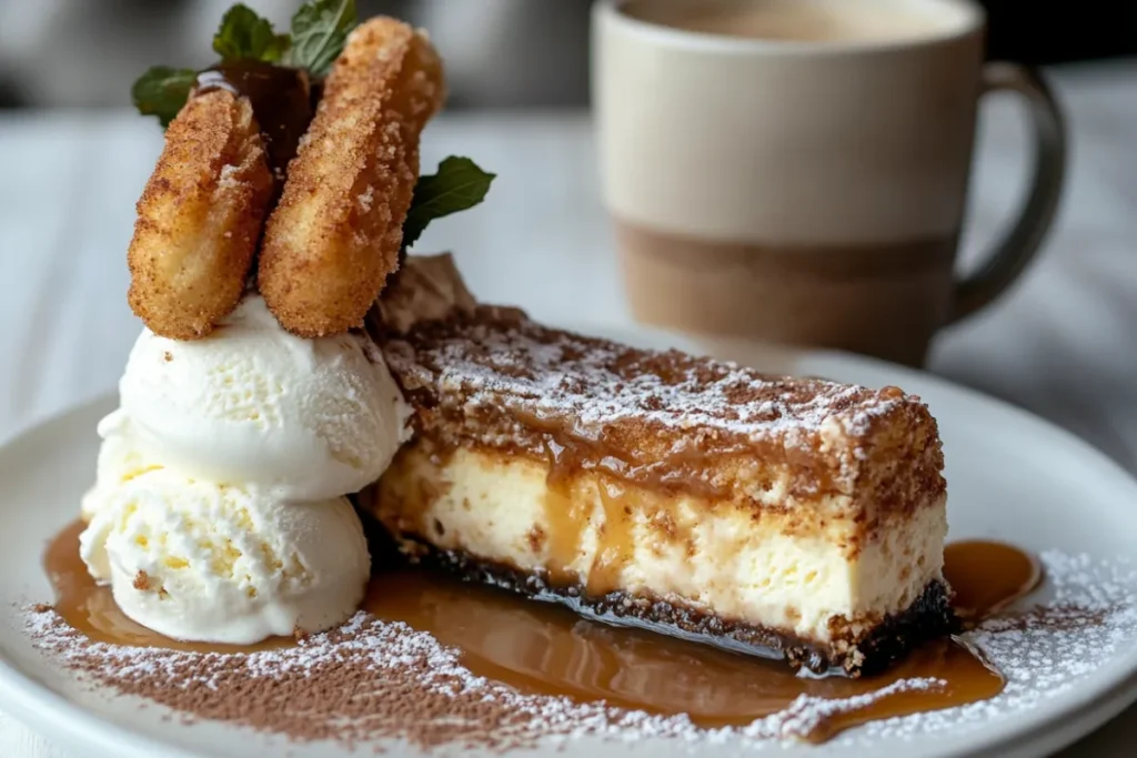 Churro cheesecake slice served with caramel and vanilla ice cream