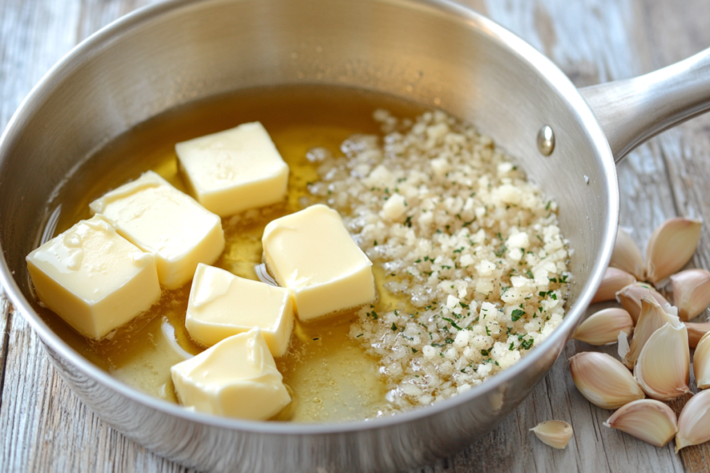 Melting butter and sautéing garlic for seafood boil sauce