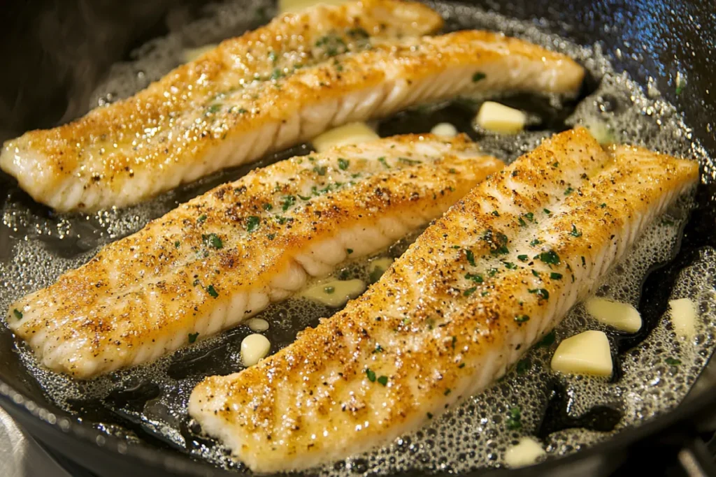 Walleye fillets sizzling in a skillet