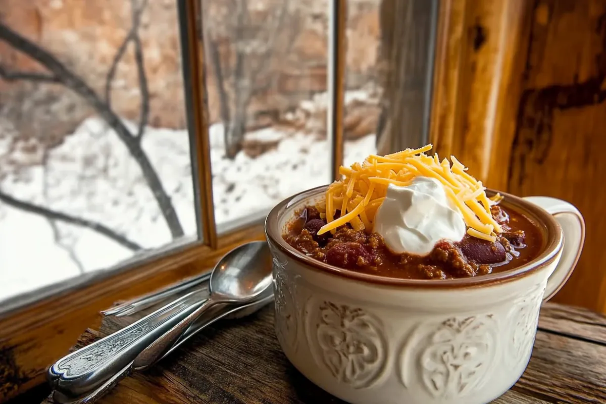 Steaming bowl of venison chili with toppings