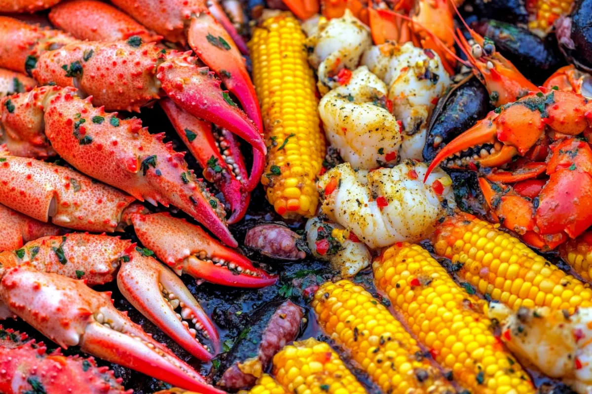 Seafood boil sauce poured over shrimp and crab legs