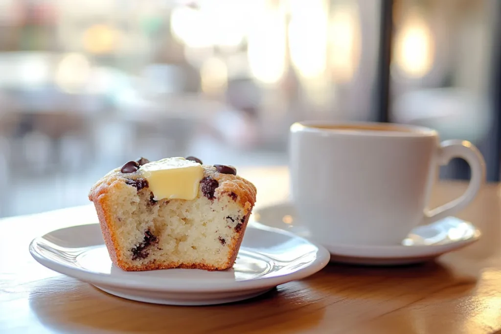 Chocolate chip muffin with butter and coffee