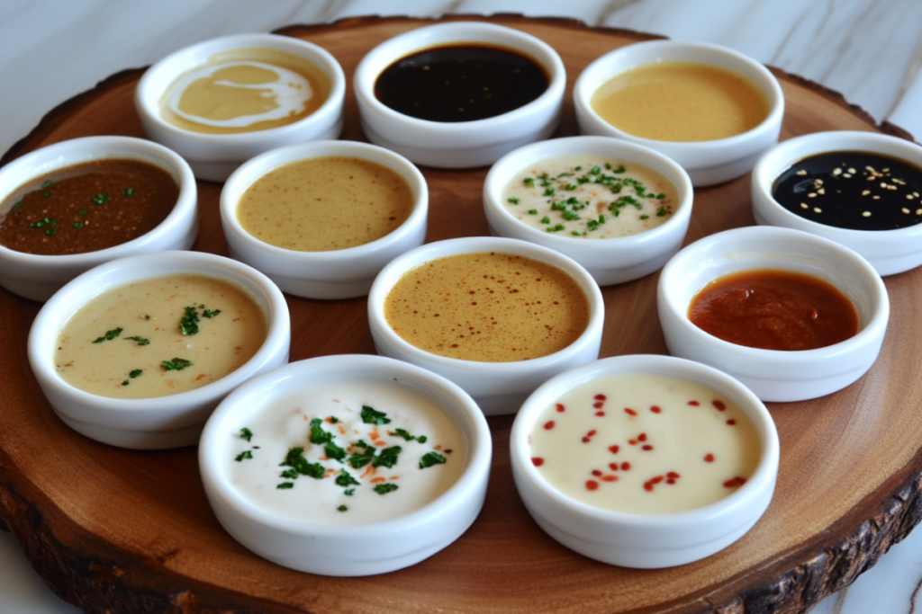 Different styles of seafood boil sauces in small bowls