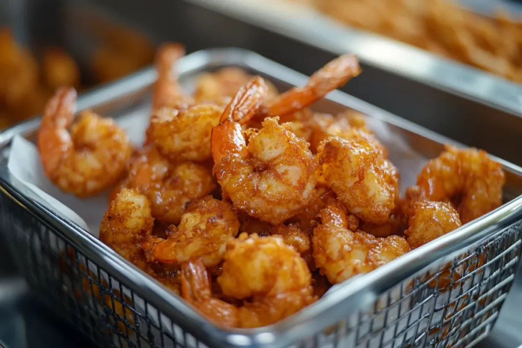 Crispy fried shrimp fresh out of the fryer