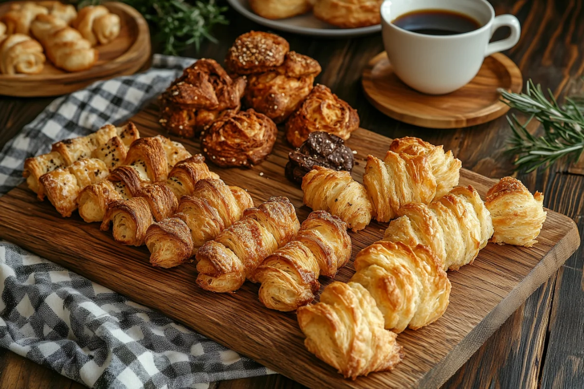 Freshly baked Swiss gipfeli on a wooden board