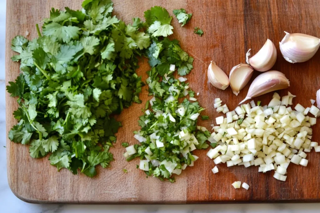 Making cilantro chimichurri by hand