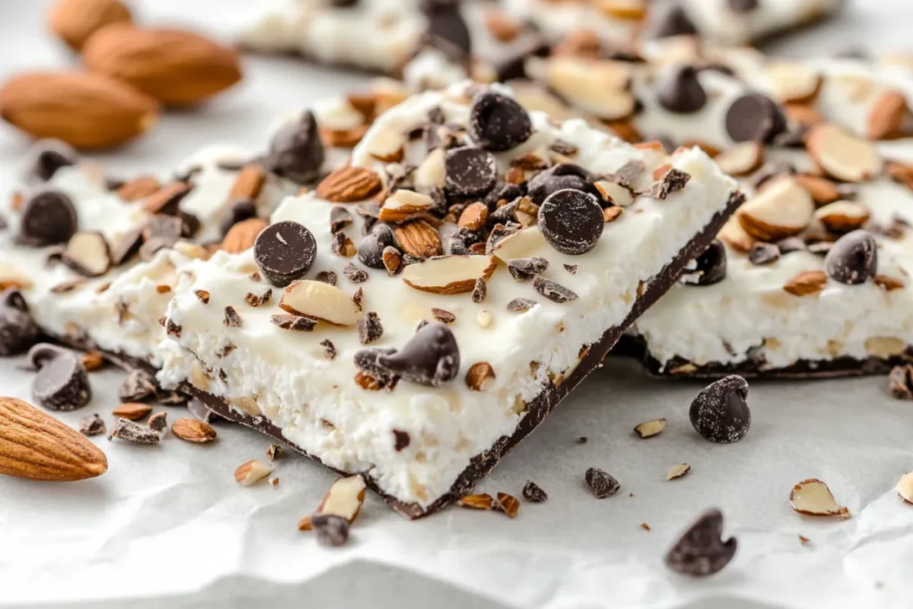 Frozen cottage cheese bark with dark chocolate and nuts