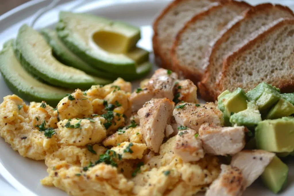 Chicken and eggs breakfast dish