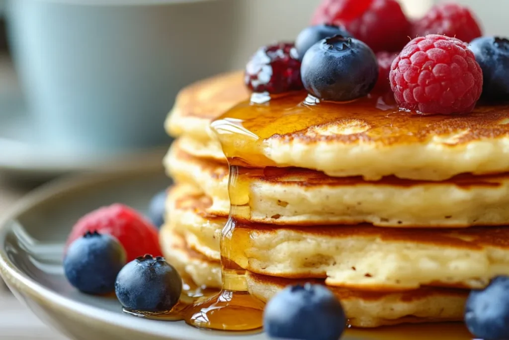 Fluffy cottage cheese pancakes topped with fresh berries