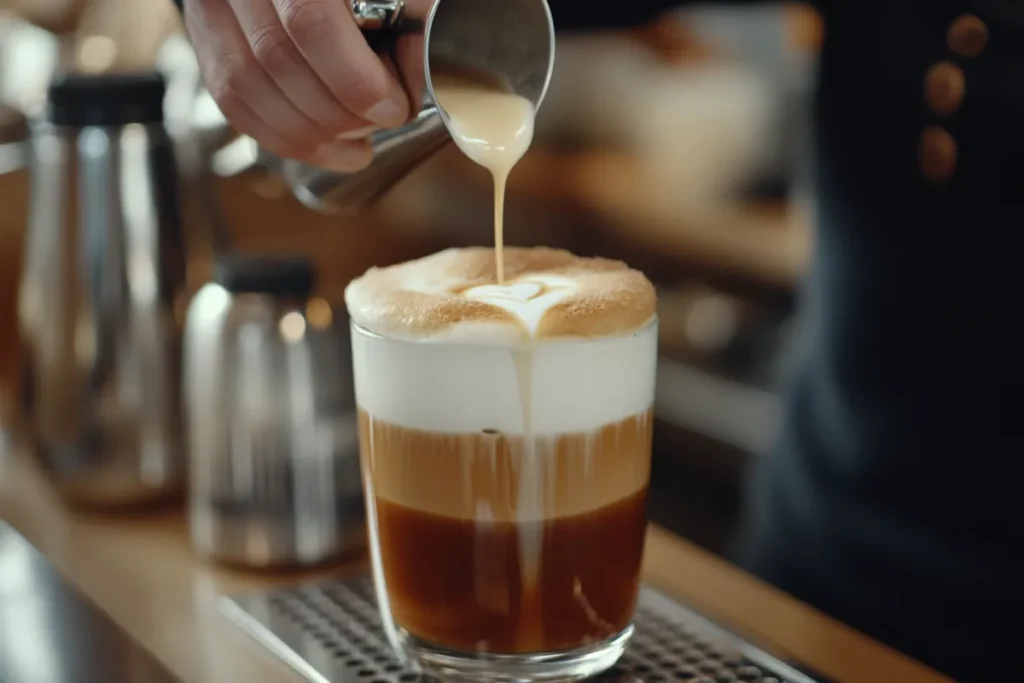 Pouring cold foam over coffee