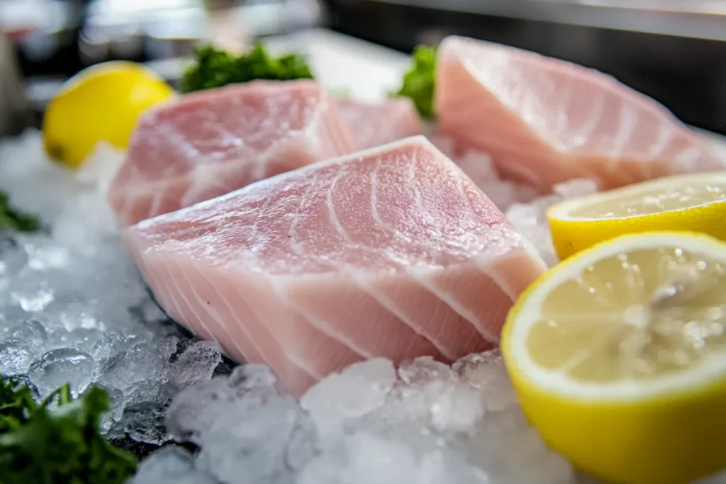 Fresh swordfish steaks at a seafood market