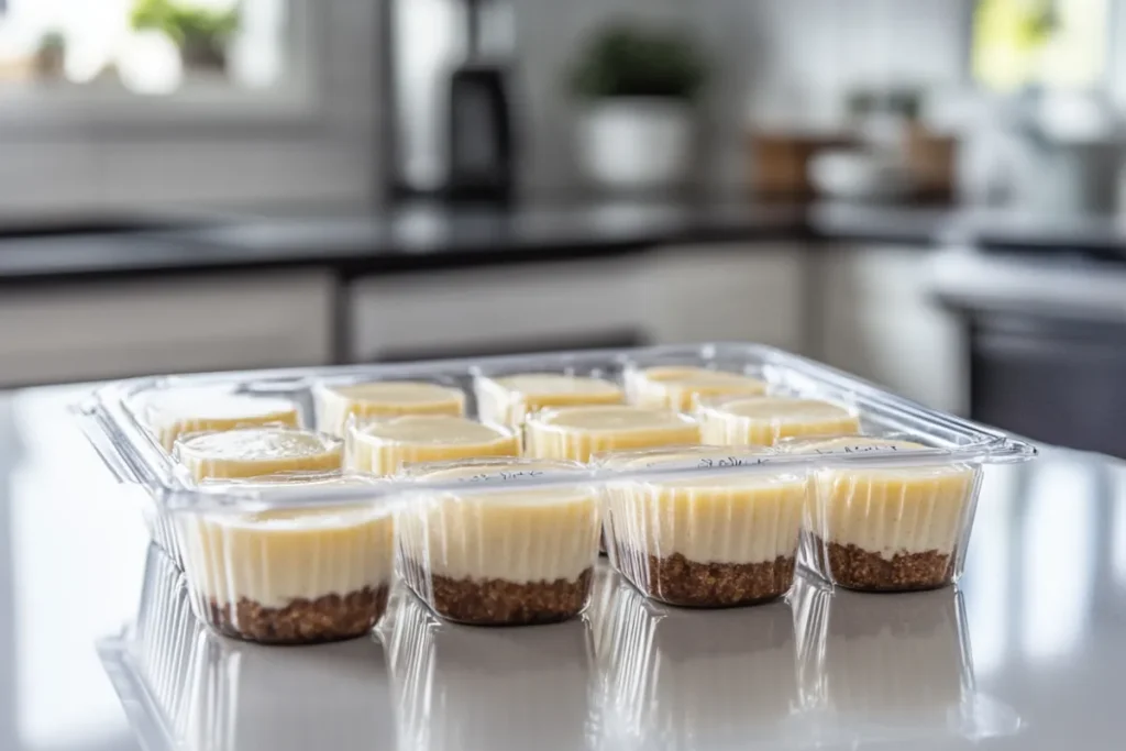 Mini cheesecakes in an airtight container for storage