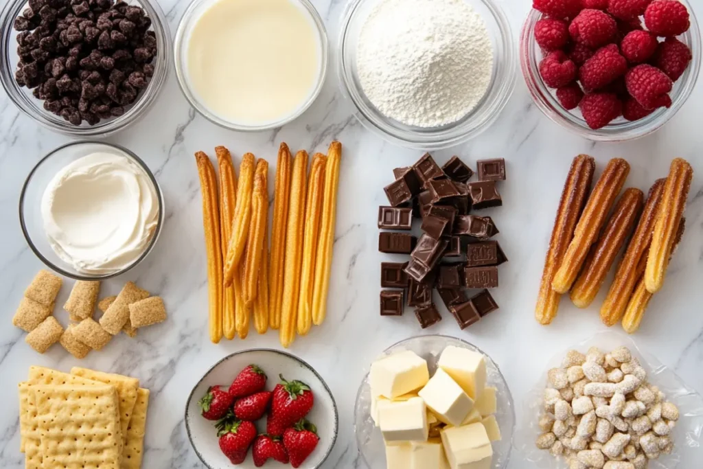 Ingredients for churro cheesecake laid out on a wooden surface