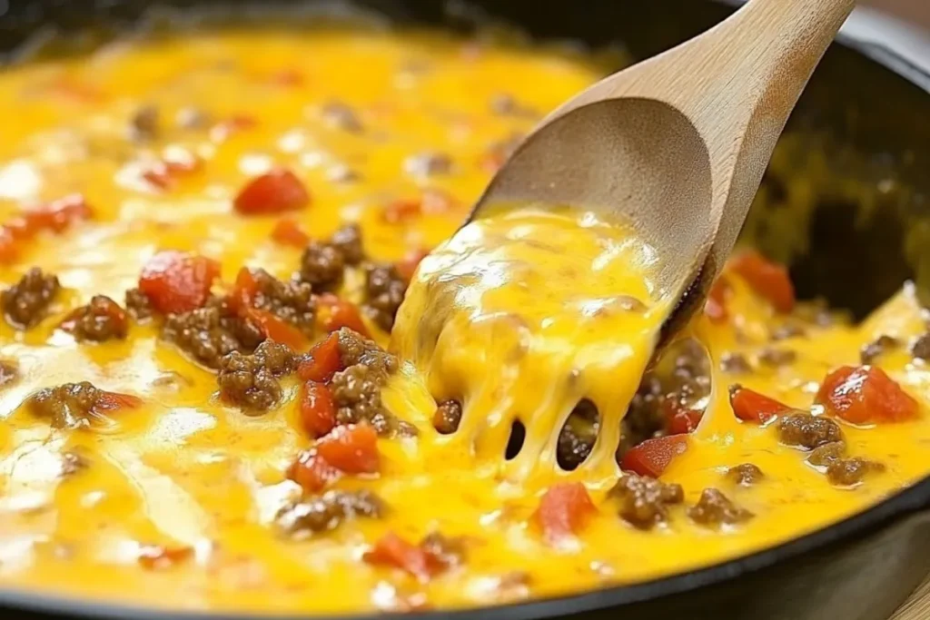 Rotel dip recipe cooking on the stovetop