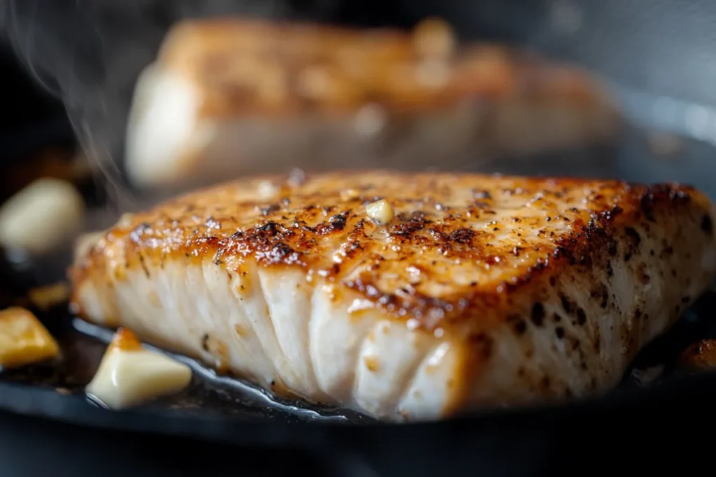 Pan-seared swordfish steak in garlic butter