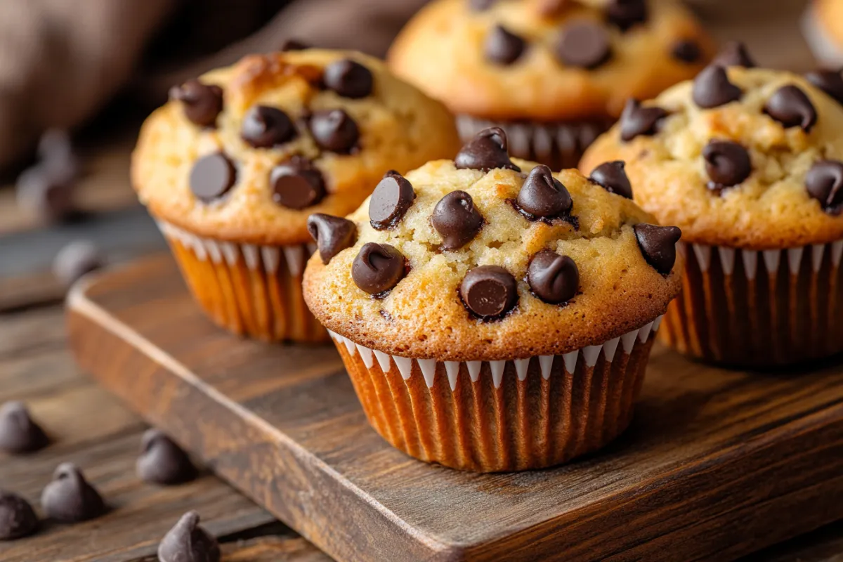 Freshly baked chocolate chip muffins on a wooden tray