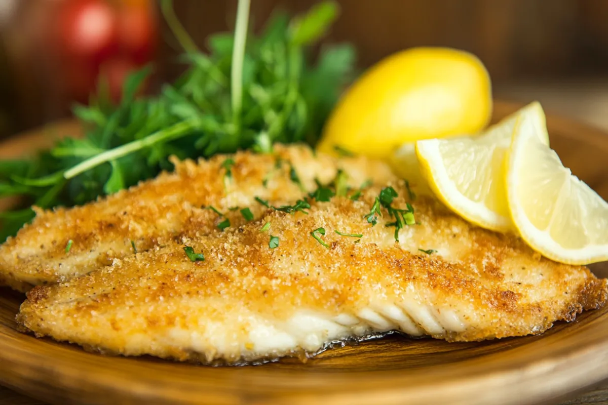 Crispy golden walleye fillet with lemon and herbs